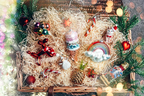Christmas Ornaments Displayed in a Wicker Basket