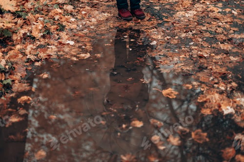 Preview: Female legs in burgundy boots and black jeans stand in an autumn park near a large muddy puddle