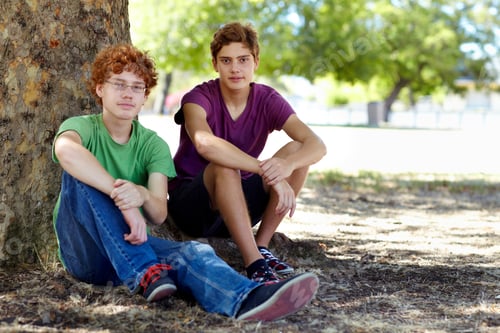 Preview: Shot of two teenage boys relaxing in the shade of a tree at the park
