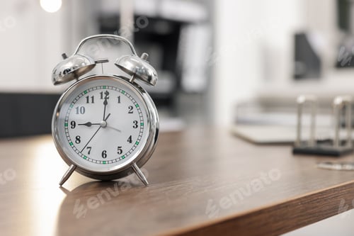 Preview: Alarm clock on wooden desk in office. Space for text
