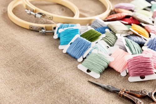 Preview: Embroidery Floss with Hoops and Scissors on Linen