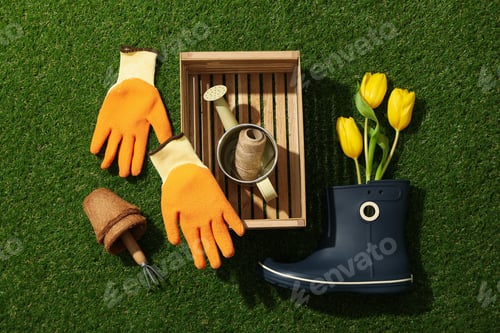 Preview: Gardening supplies and tulips in rubber boot on green background, top view