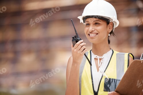 Preview: Construction site, contractor and woman talking radio communication, industrial building project ma