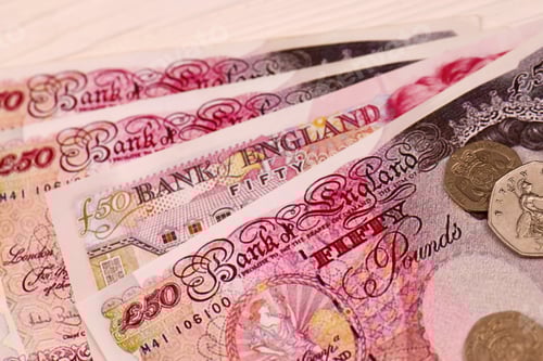 Preview: UK money bills and coins close up. Big amount of United Kingdom pounds