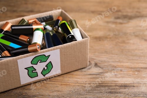 Preview: Used batteries in cardboard box with recycling symbol on wooden table, closeup. Space for text