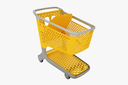 Visualização: Carrinho de compras de plástico amarelo com rolos