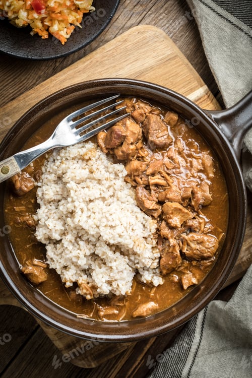 Preview: Barley groats with stewed meat.