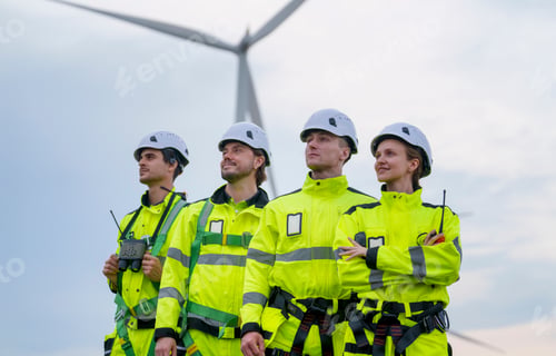 Preview: Workers monitor wind turbines while wearing safety gear and focusing on renewable energy