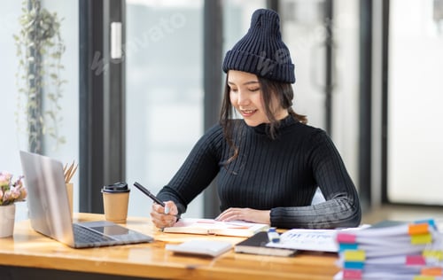 Preview: Business freelance Asian woman working at office with documents on her desk, doing planning analyzin
