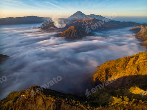 Preview: Aerial drone view of Bromo active volcano at sunrise,, East Java, Indonesia