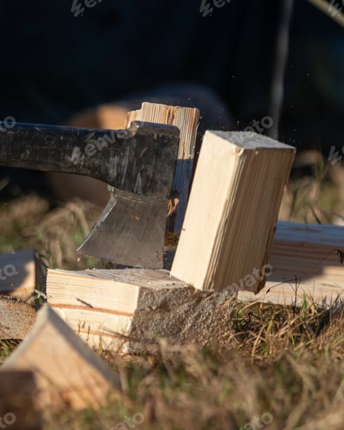 Preview: Shallow focus of chopped splitted wood pieces on the grass in the garden