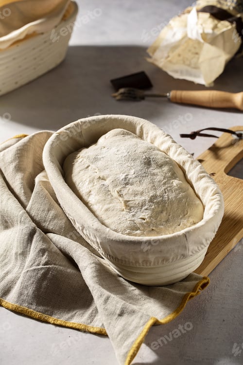 Preview: High angle shot of sourdough in a banneton basket
