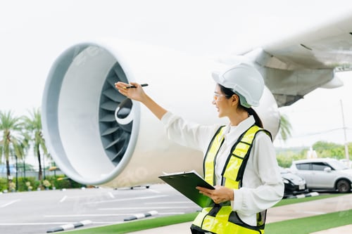 Preview: Female aviation engineer in safety gear inspecting an airplane engine, embodying professionalism