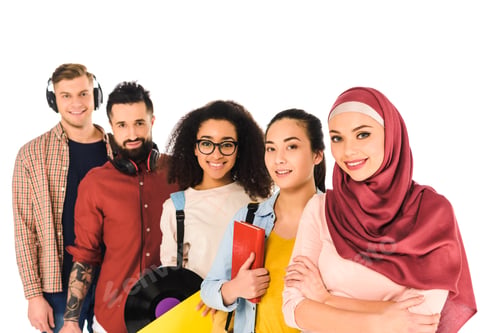 Preview: multicultural group of young people standing and smiling isolated on white