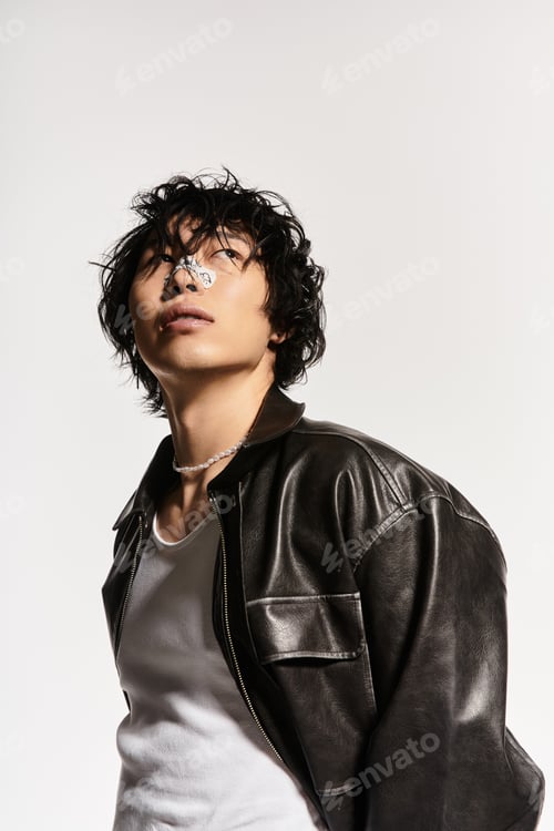 Preview: Vogue of youth asian man poses in sleek leather in studio lighting