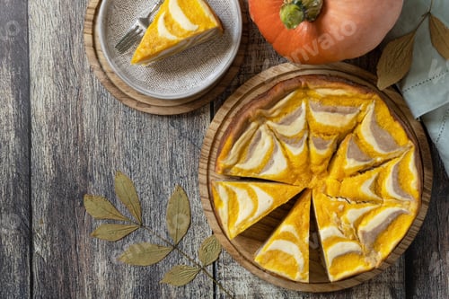 Preview: Pumpkin cottage cheese casserole pie, striped casserole with cheese, chocolate and pumpkin.