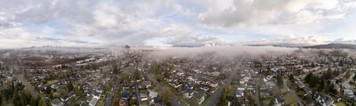 Preview: Aerial View of Burnaby Cityscape with Low Clouds and Residential Areas