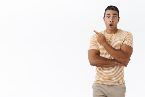 Preview: Impressed, pumped masculine young man open mouth from amazement and surprise, won tickets for summer