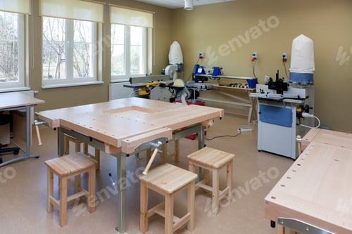 Preview: A school classroom with woodworking equipment for vocational training.