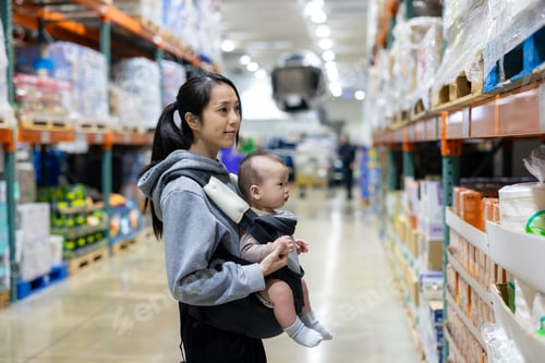 Preview: Asian mother with baby in shopping store