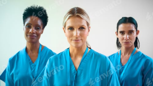 Preview: Portrait Of Mature Female Multi Cultural Medical Team Wearing Scrubs In Hospital