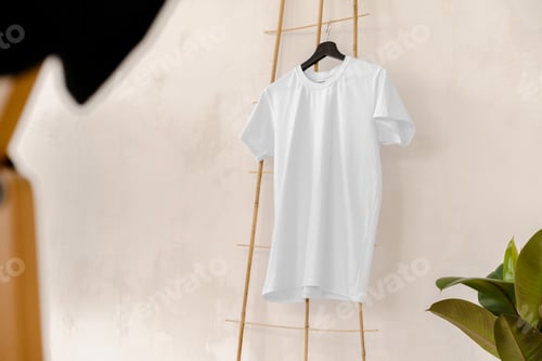 Preview: Plain white cotton t-shirt on hanger for your design