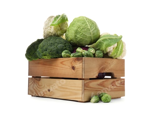 Preview: Wooden crate with different types of fresh cabbage on white background