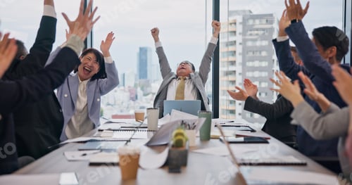 Preview: Business people, celebration and office with success, opportunity and victory in meeting. Japan, bo