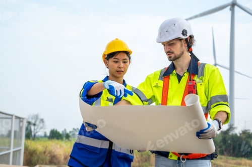 Visualização: Engenheiro trabalhando com turbinas eólicas.