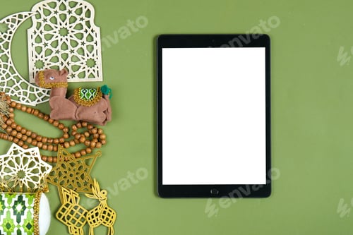 Preview: Blank Screen Tablet For Mockup With Islamic Decoration On Green Sage Background