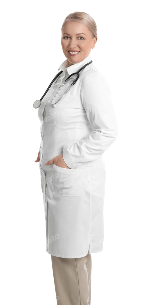 Preview: Mature doctor with stethoscope on white background