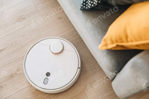 Preview: Wireless Robotic vacuum cleaner cleaning a wooden floor in living room