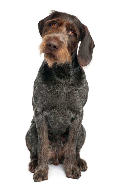 Preview: German shorthaired pointer, 6 years old, sitting in front of white background