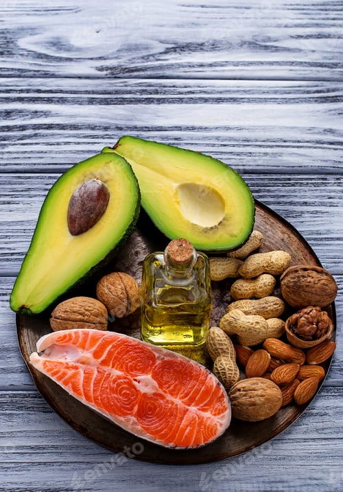 Preview: Healthy fat salmon, avocado, oil, nuts