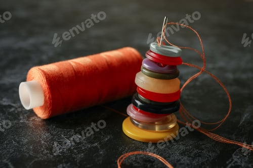 Preview: Sewing supplies on black smokey background, close up