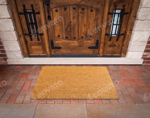 Preview: Blank Welcome Mat At Custom Front Door of House.