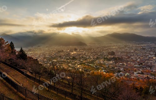 Preview: Aerial view of Fujikawaguchiko city at sunset, Yamanashi. Urban city, Japan. Landscape