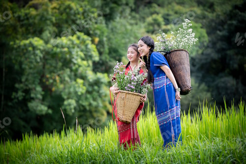 Preview: young girl dressed in traditional clothing, carrying a basket filled with flowers on her back. She i