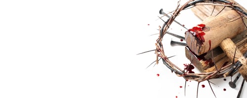 Preview: Old wooden cross, hammer, bloody nails and crown of thorns isolated on white background. Copy space