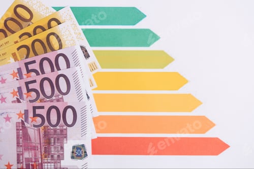 Preview: euro banknotes near colorful charts and graphs isolated on white