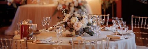 Preview: Banner wedding table decoration. Evening atmosphere. Preparing for dinner. Garlands over the table.