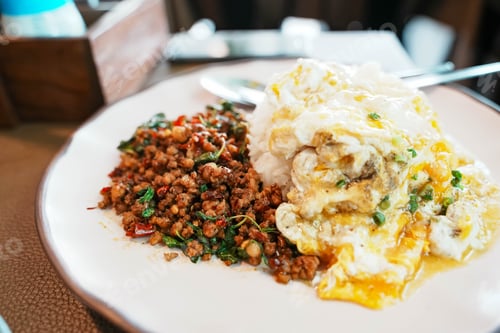 Preview: Minced pork and thick egg with basil rice, Thai food