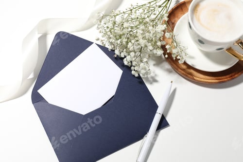 Preview: Blank card in envelope, pen, ribbon, coffee and beautiful flowers on white background, flat lay