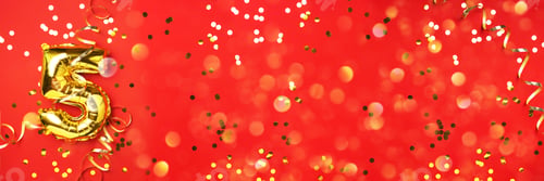 Preview: Gold foil balloon number and digit five 5. Birthday greeting card. Anniversary celebration event.