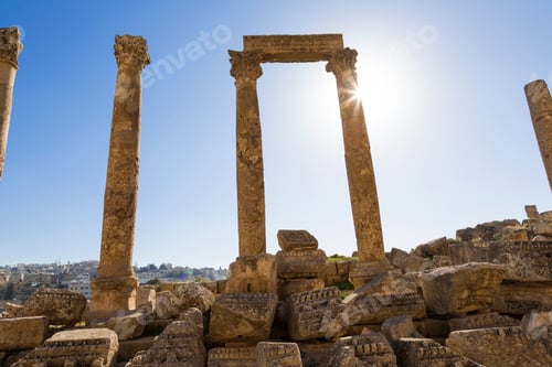 Preview: Ancient ruin of colonnade with architrave fragments and columns.