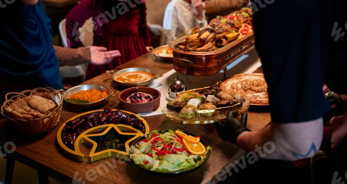 Preview: In this captivating aerial view, delicious food adorned with Ramadan decorations, including dates