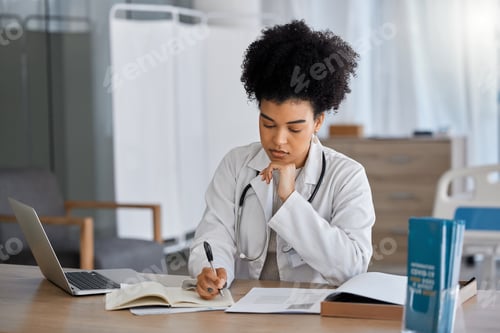 Preview: Black woman, doctor and writing in office for results, planning or prescription with focus for well