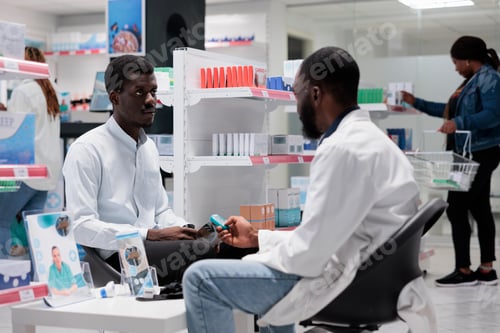Preview: Pharmacy consultation, glucose level measurement in drugstore, diabetes diagnosis