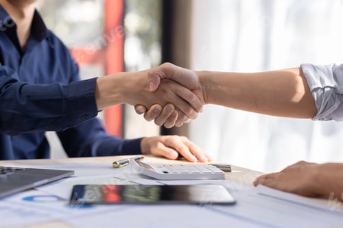 Preview: Business man offer and give hand for handshake in office. Successful job interview. Apply for loan i