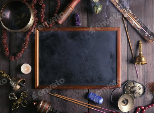Preview: Religious ritual instruments for meditation and empty frame
